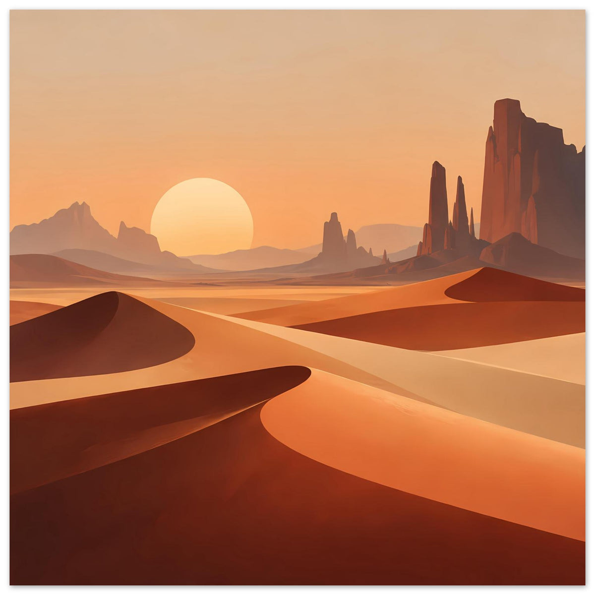 Minimalistisches Poster mit Wüstenlandschaft, großer Sonne und Sanddünen in Orange und Braun