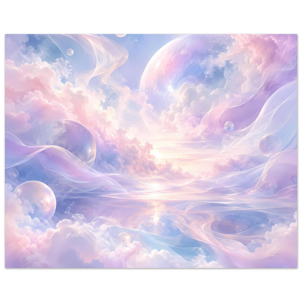 Poster: leuchtender Horizont, pastellfarbene Wolken, Transparenz-Schleier und Blasen