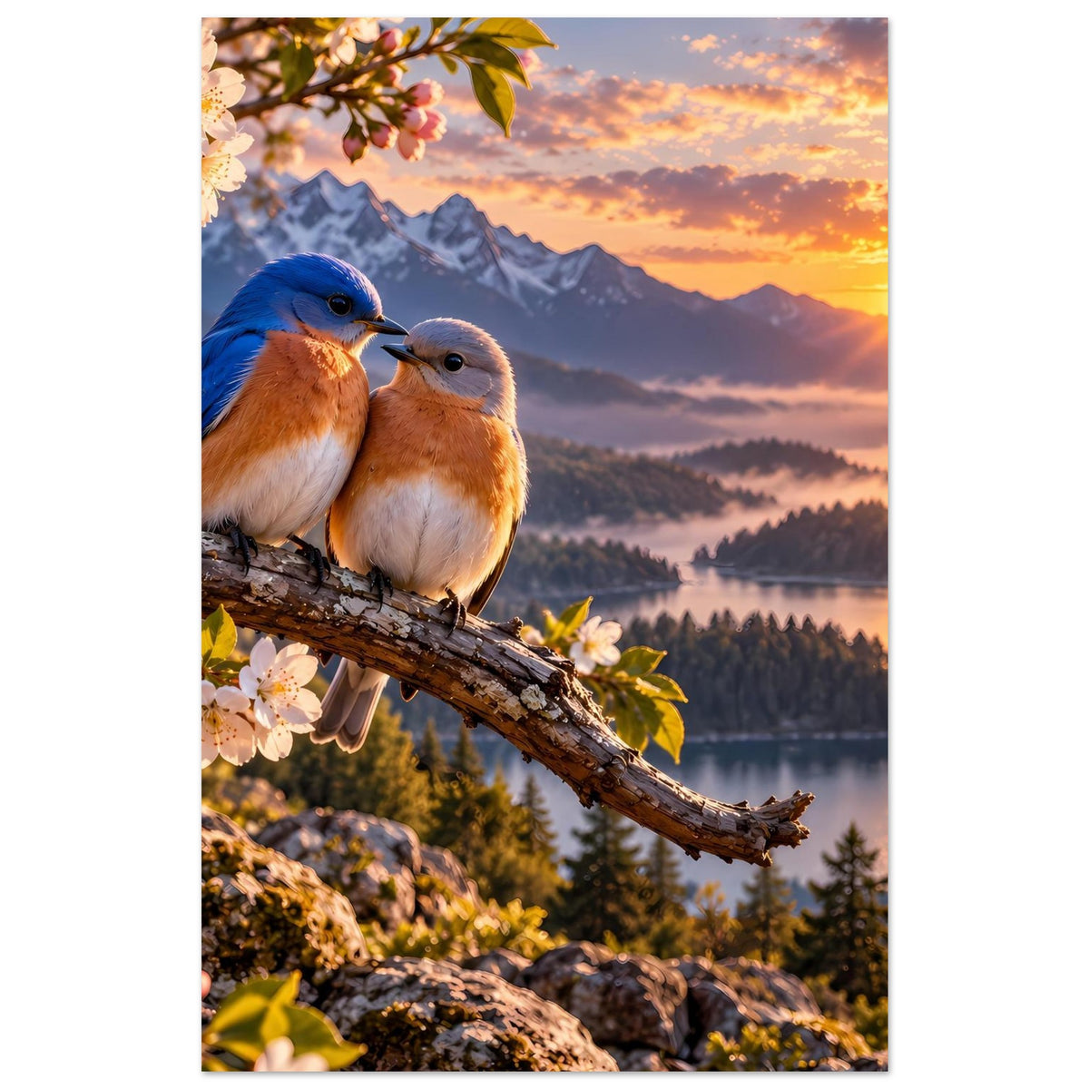 Poster im Hochformat: zwei Vögel auf Ast, rosa Blüten, Berge und See bei Sonnenuntergang