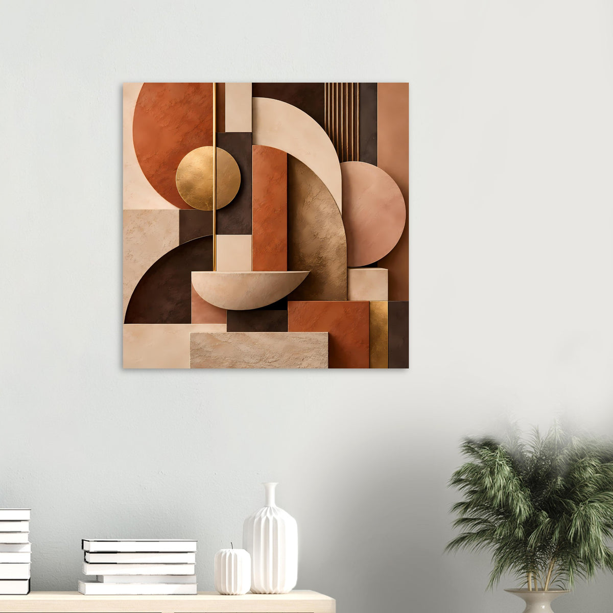 Kunstposter mit abstrakter Geometrie: goldener Kreis, Halbmond und Rechtecke in Terrakotta und Beige