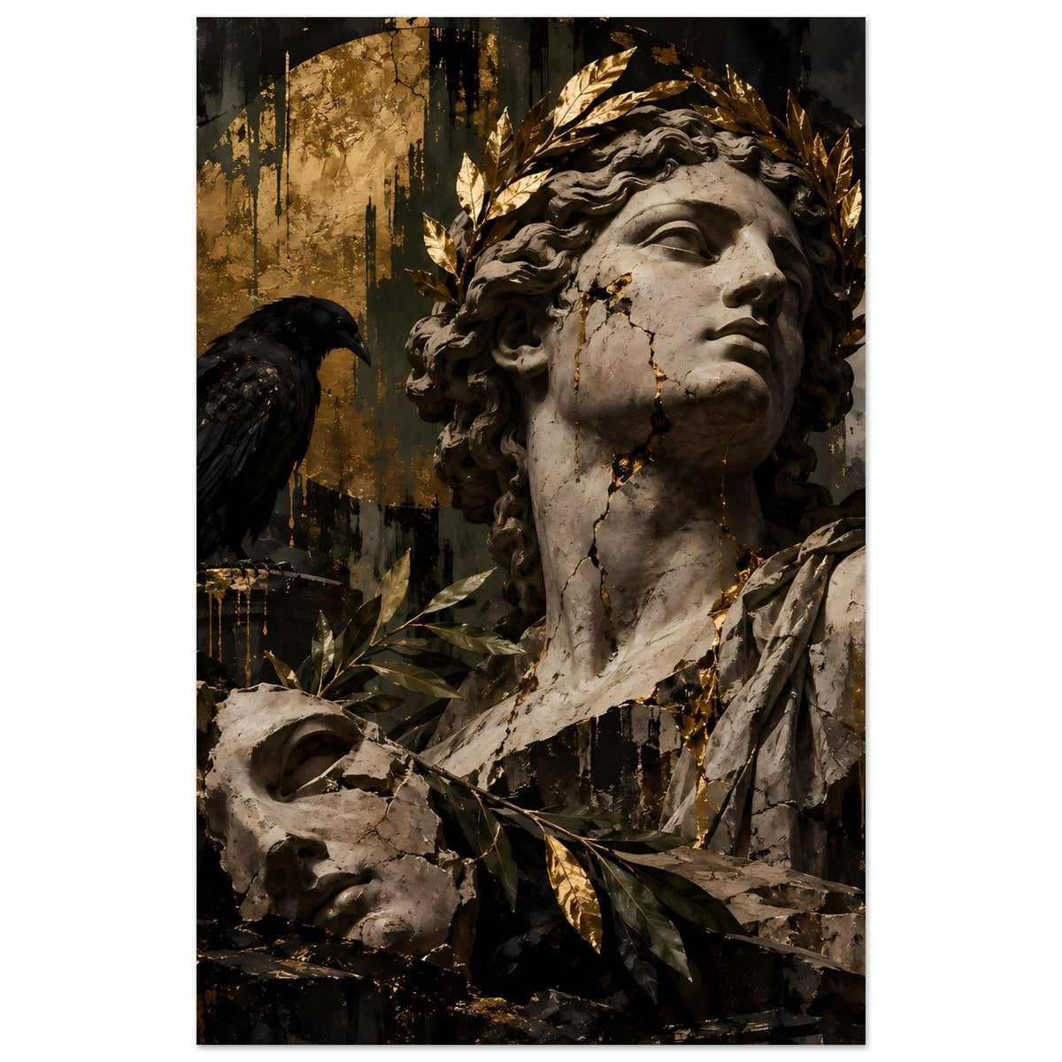 Barockes Poster – Nahansicht einer Statue mit goldenen Lorbeerzweigen und Vogel