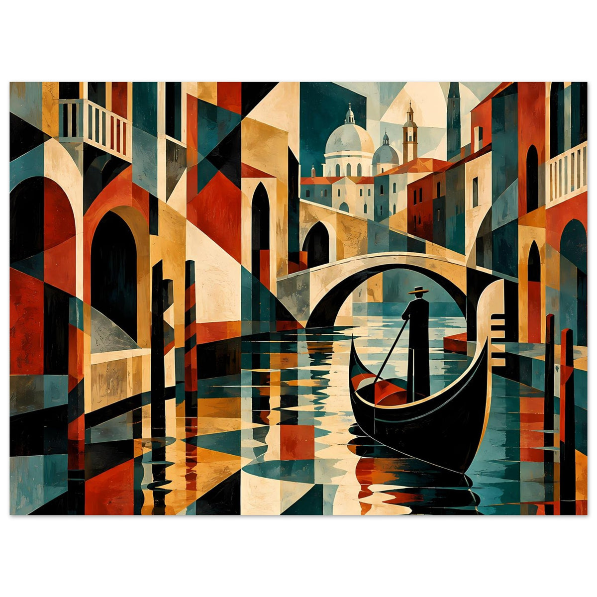 Breitformatiges Kunstposter mit Venezianer Kanal, Gondel, Bögen und mehrfarbiger Architektur