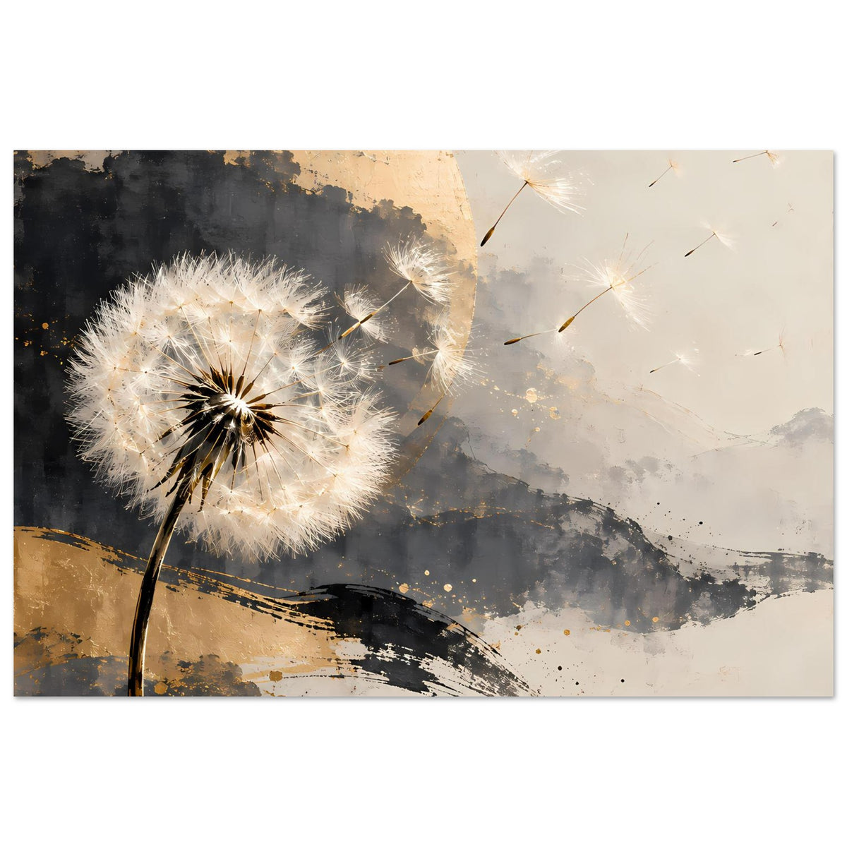 Kunstposter mit Pusteblume, goldenem Bogen und dunklen Pinselstrichen am unteren Rand