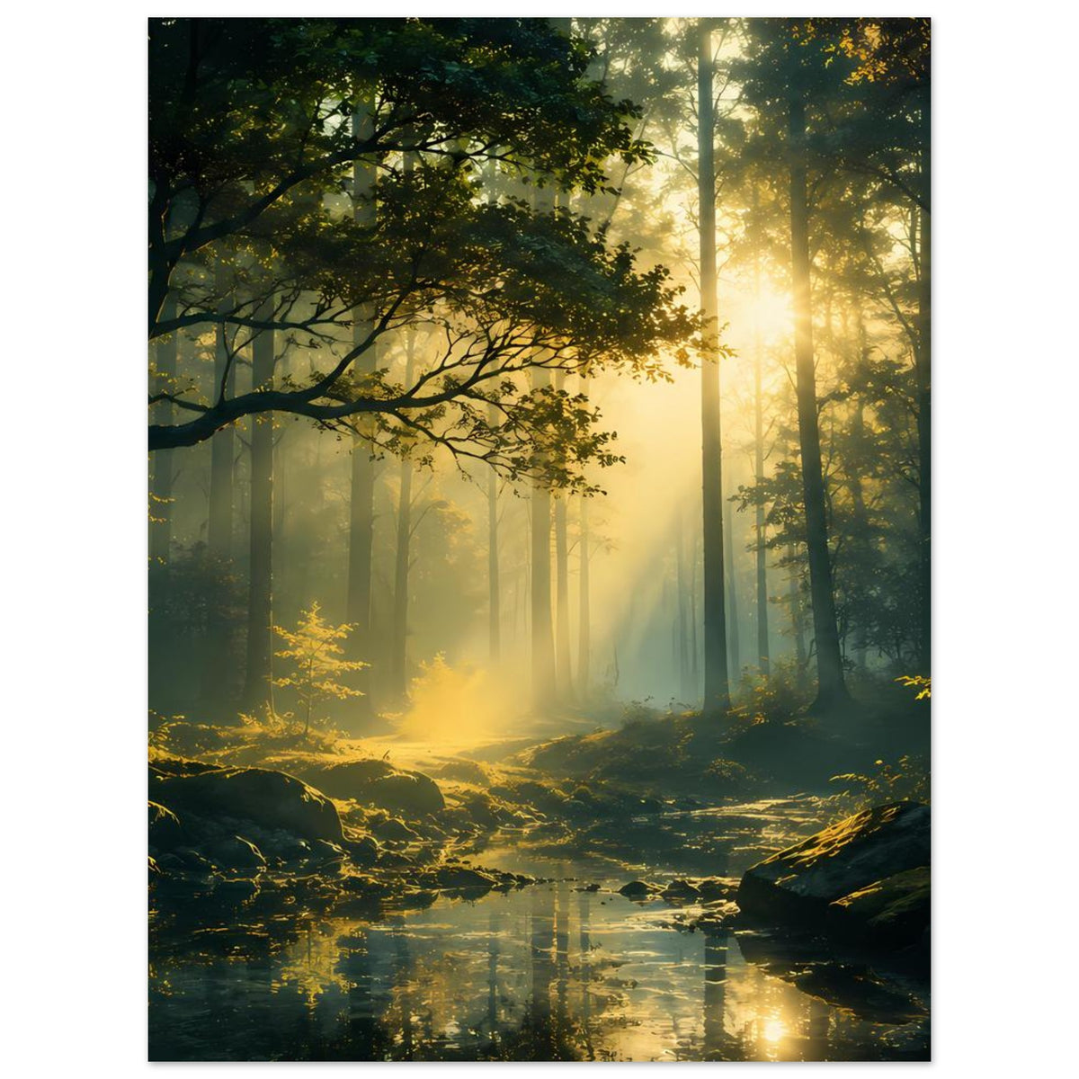 Poster mit mystischem Wald, Sonnenstrahlen durch hohe Bäume und spiegelndem Bachlauf