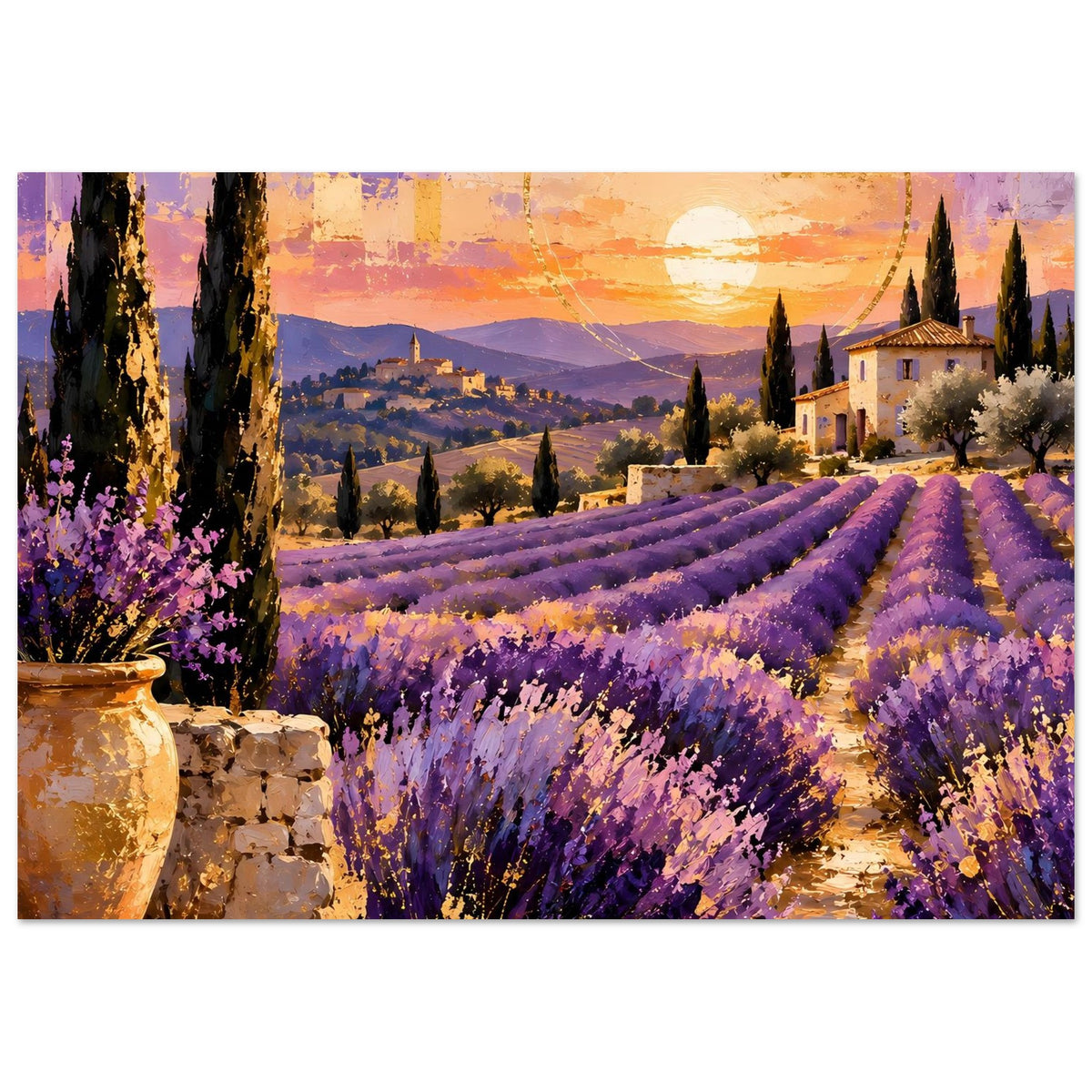 Poster mit Lavendelfeldern, goldenem Sonnenuntergang und Häusern im Hintergrund