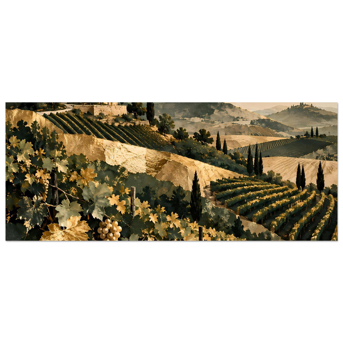 Breites Poster mit Weinberglandschaft und Zypressen, Blick über Terrassenhänge
