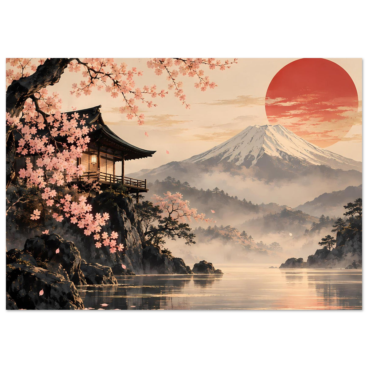 Poster mit Pagode links, Kirschblüten im Vordergrund, Fuji-Berg und roter Sonne über See