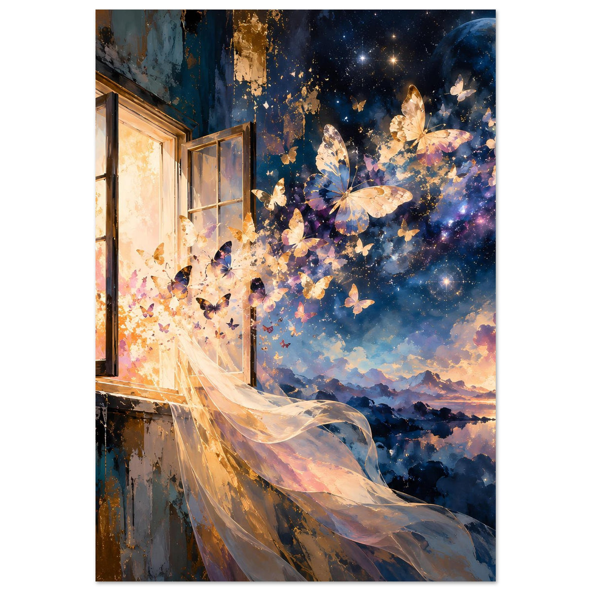 Kunstposter mit großen Schmetterlingen, Sternen und Mond über Fensterfront und Vorhang