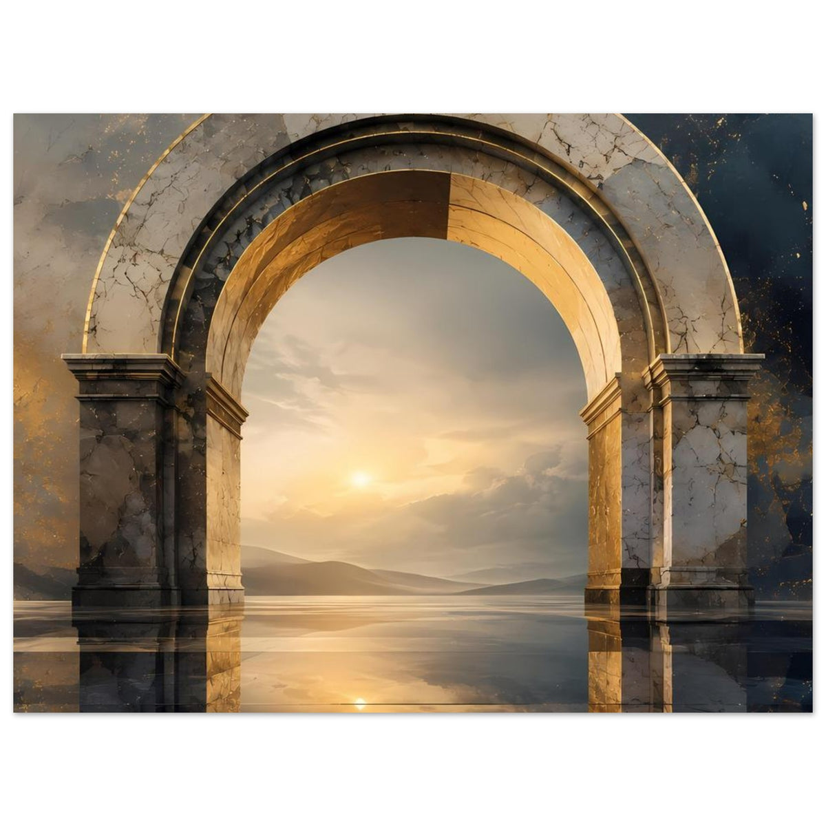 Poster: antiker Marmorbogen mit goldgeringten Linien, Landschaft mit Sonnenaufgang über Wasser