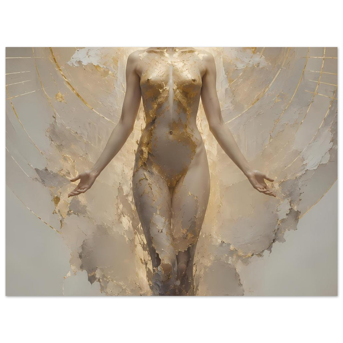 Poster mit schwebender Frauenfigur in Creme und Gold, Drapierung mit goldenen Akzenten
