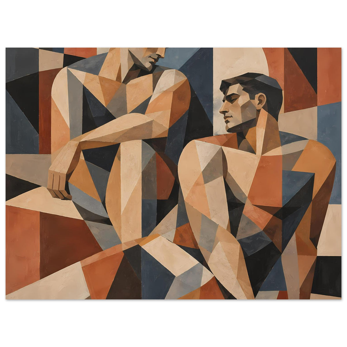 Geometrisches Kunstposter mit zwei stilisierten Figuren, warme Erdtöne, horizontale Ansicht