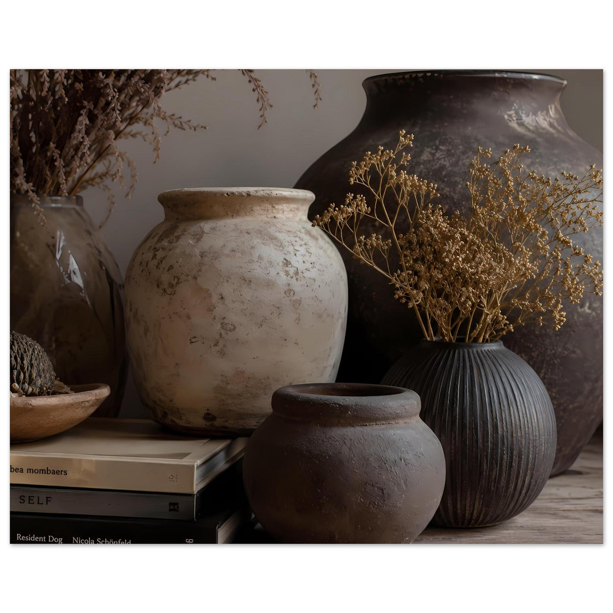 Poster-Motiv: Große cremefarbene Vase, dunkle Vase und gefächerte Trockenblumen in Naturfarben