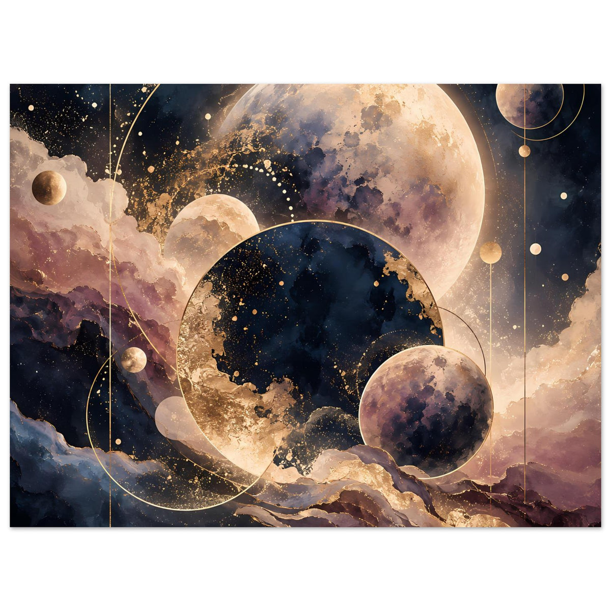 Poster mit Planeten- und Mondmotiv, Planet im Zentrum, beige Nebel und dunkles Blau, horizontal