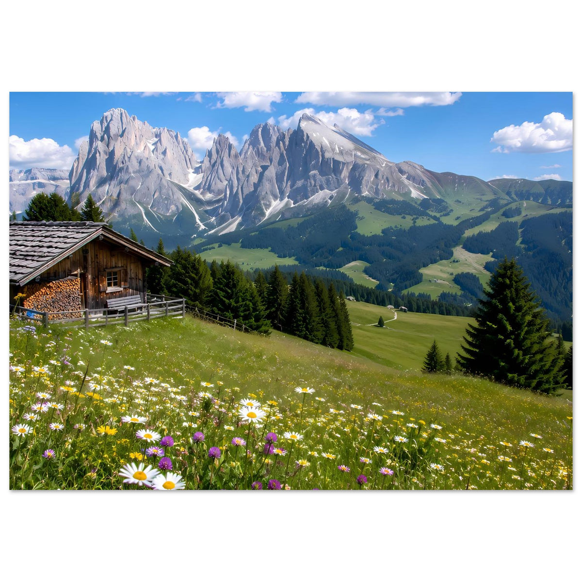 Querformatiges Landschaftsposter mit Alpenpanorama, Wiese mit Blüten und Holzhütte