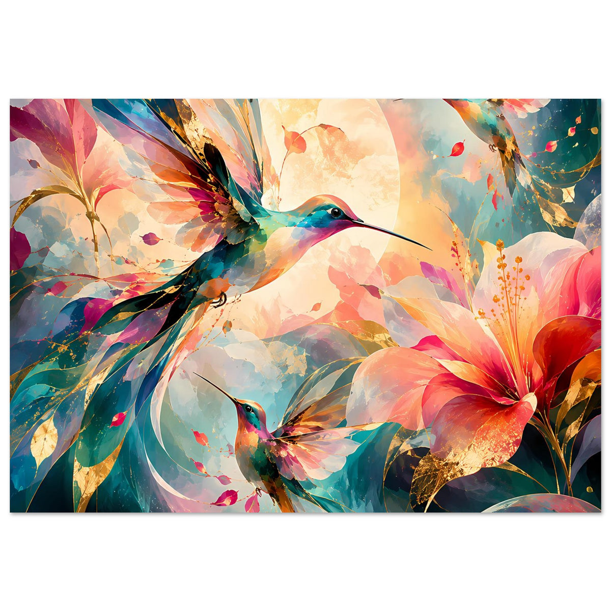 Kunstposter mit Kolibri und leuchtenden Blüten, mehrfarbige Aquarell-Optik