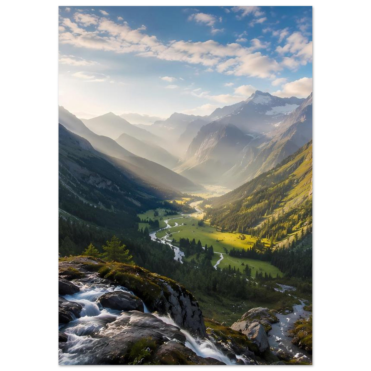 Hochformatiges Poster mit Alpenlandschaft, sonnigem Tal, Bergen und Felsbach