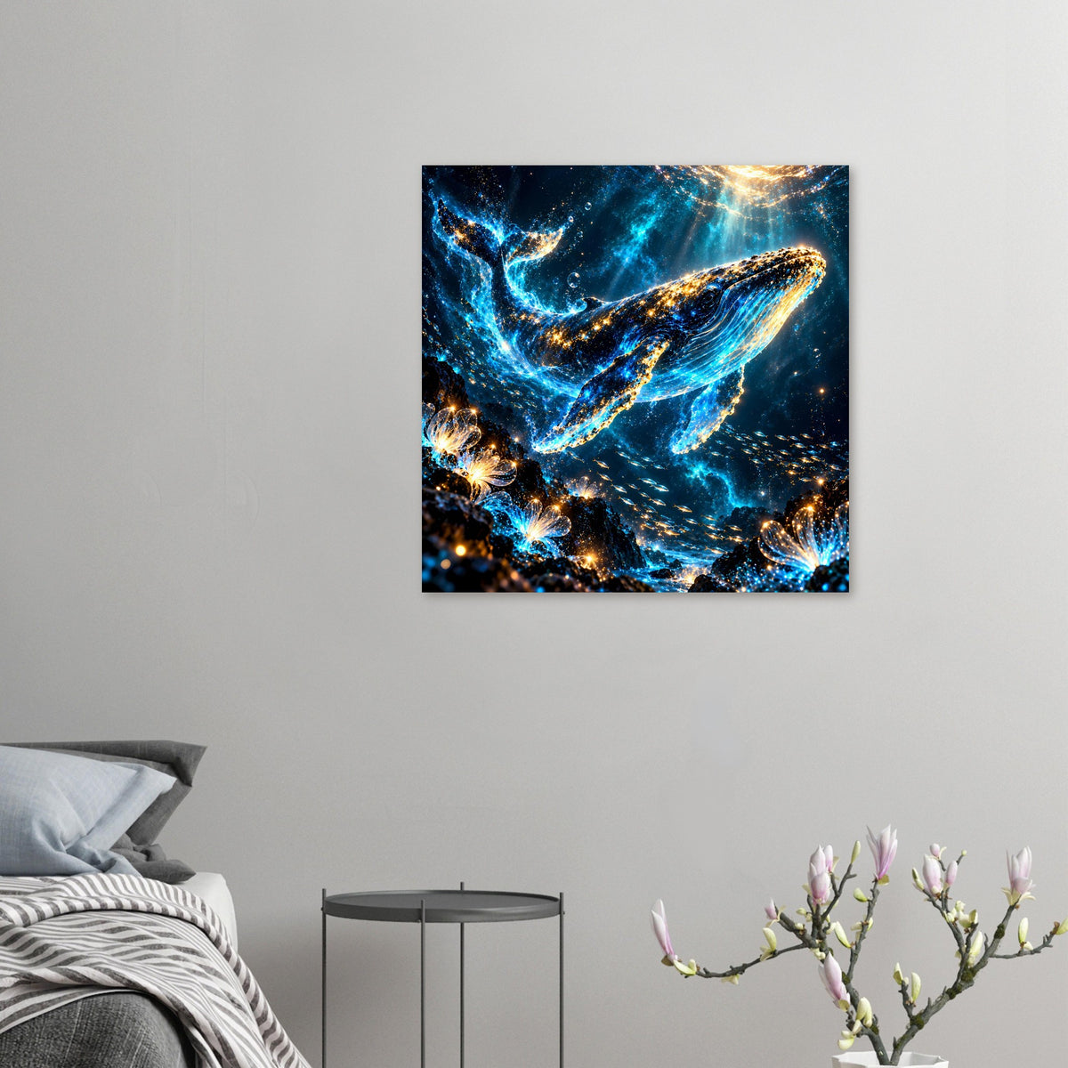 Kleines Walmeer-Poster: leuchtender Walzug mit blauen Strömungen und goldenen Glitzerpunkten