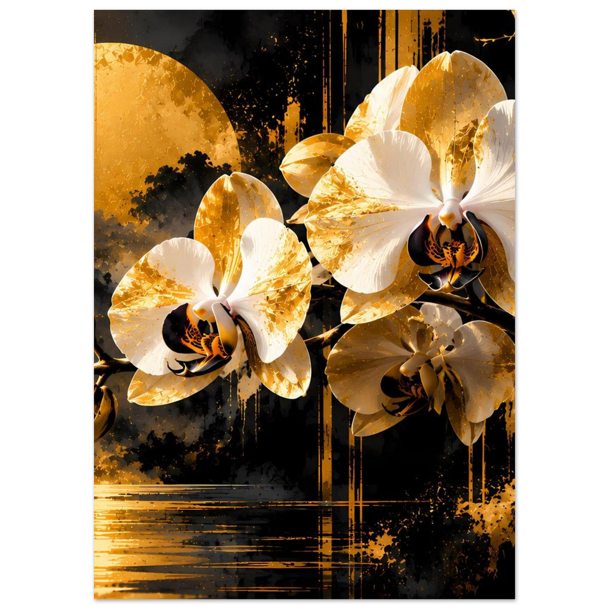 Blumenposter mit goldenen und weißen Orchideenblüten, dunkler Hintergrund mit goldener Flächenstruktur