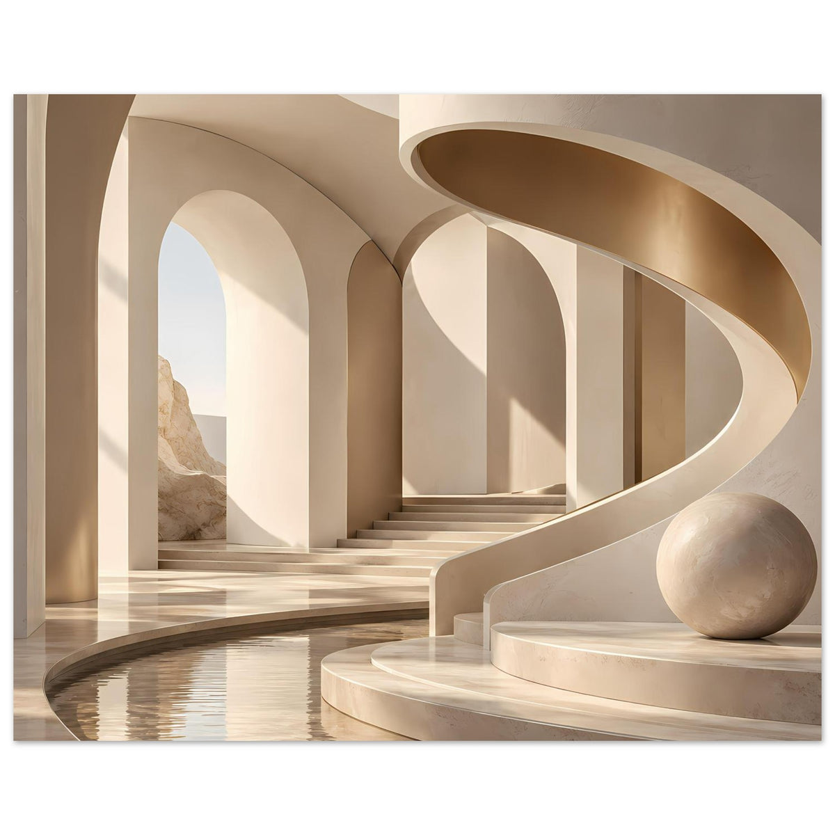 Poster mit Blick in die Bogenhalle: helle Marmorstützen, Treppe, Wasserbecken und Kugel