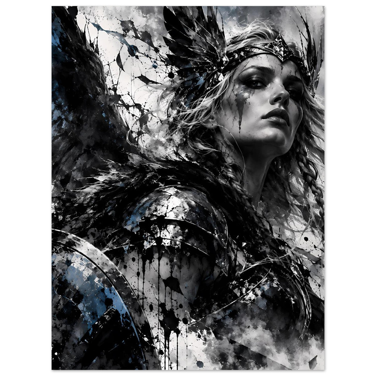 Poster, Wikingerkriegerin in Schwarz-Weiß mit blauen Akzenten, Halbporträt und Schilddetail