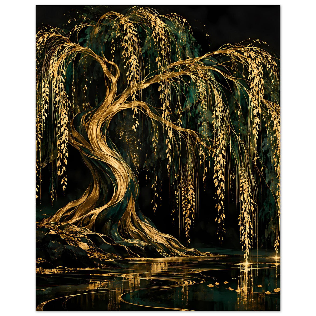 Wandposter mit herabhängenden goldenen Weidenzweigen und Spiegelung am Wasser, dunkler Hintergrund