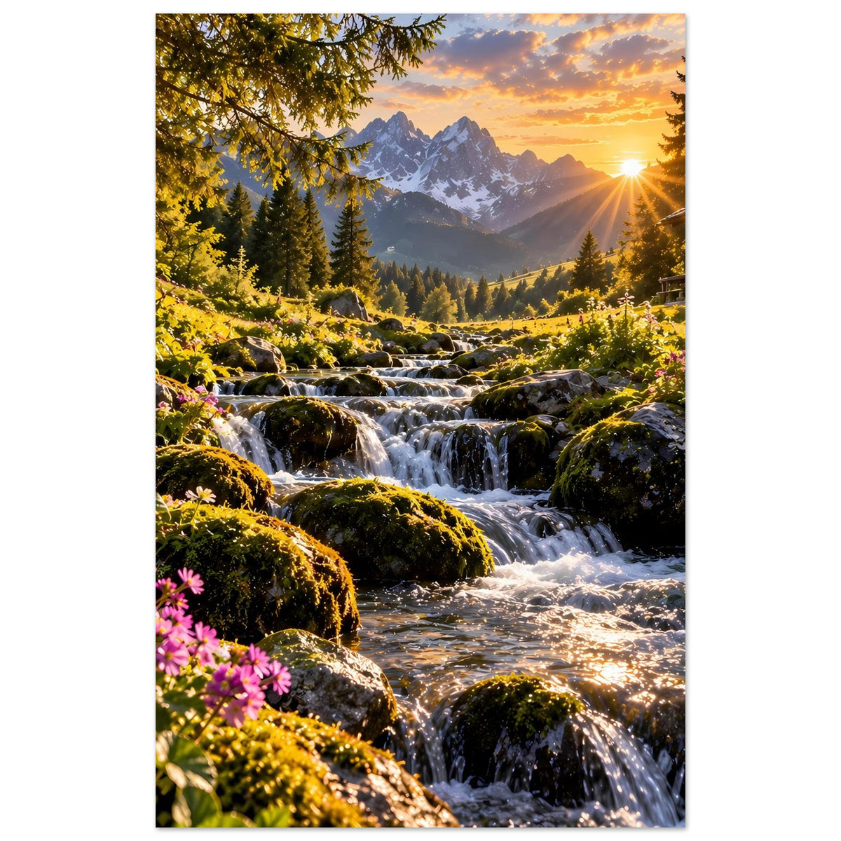 Vertikales Landschaftsposter: Wasserfall zwischen Felsen, Nadelbäume und warmes Abendlicht