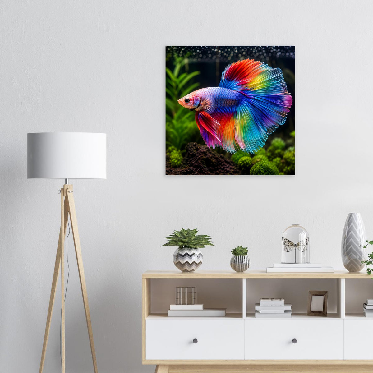 Quadratisches Poster mit farbenprächtigem Kampffisch und Regenbogenflossen