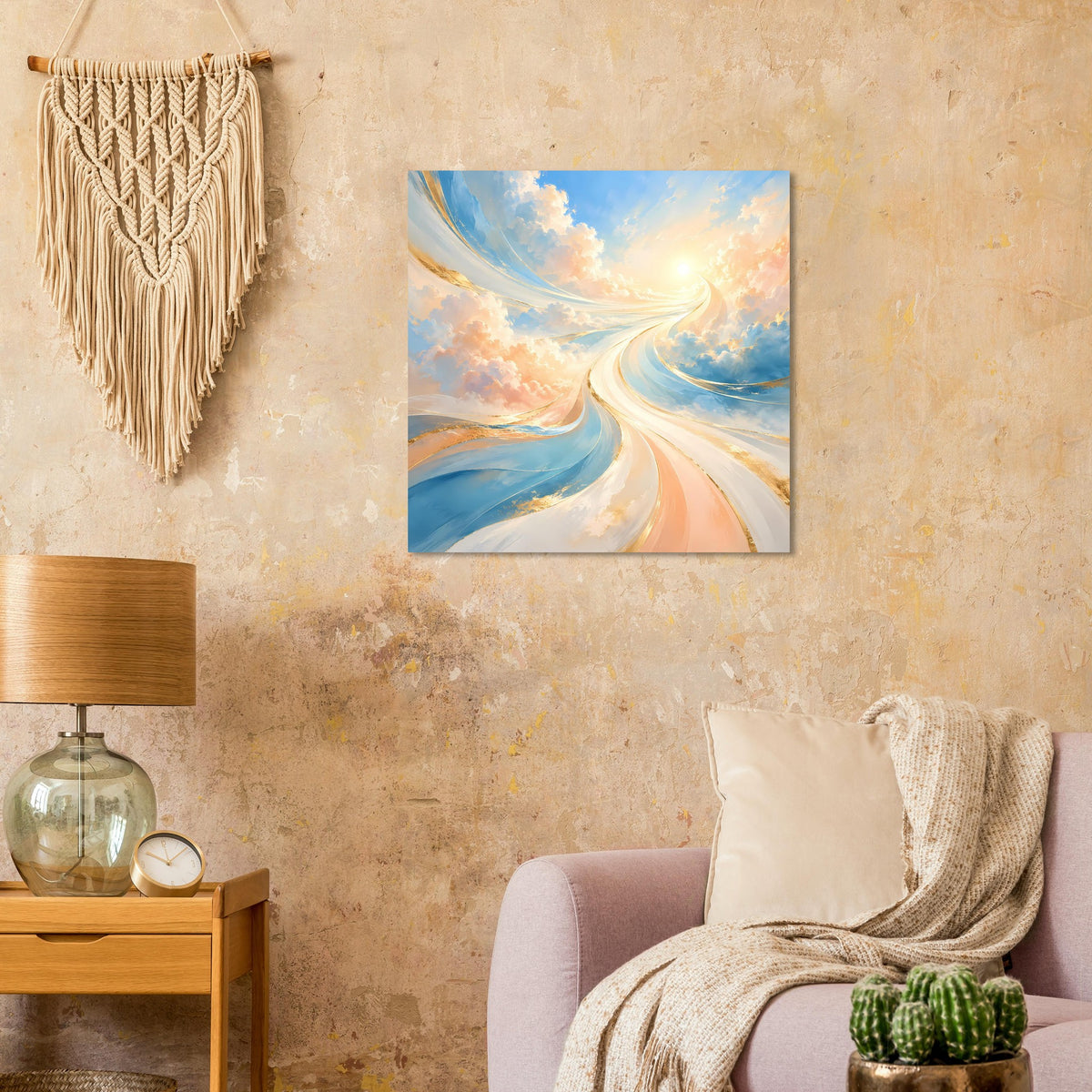 Quadratisches Fantasie-Poster mit blauem Meer, Lichtpfad und Sonnenstrahlen