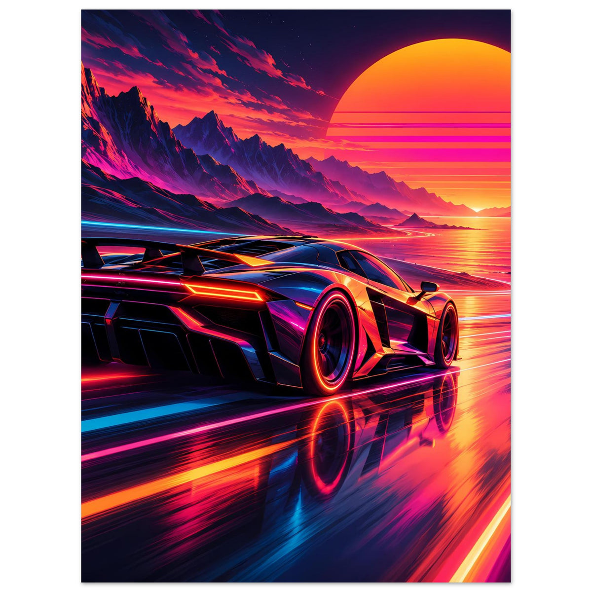 Futuristisches Supercar-Poster mit Neon-Orange, blauem Licht und Geschwindigkeitsunschärfe