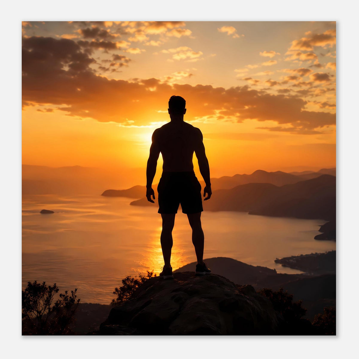 Quadratisches Wandposter mit Silhouette eines Läufers beim Sonnenuntergang über Landschaft