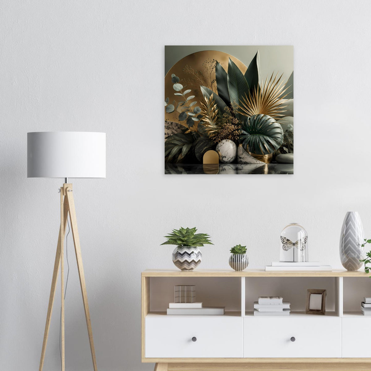 Botanisches Wandposter mit Blättern, goldfarbenen Details und Marmorelementen, rechteckig