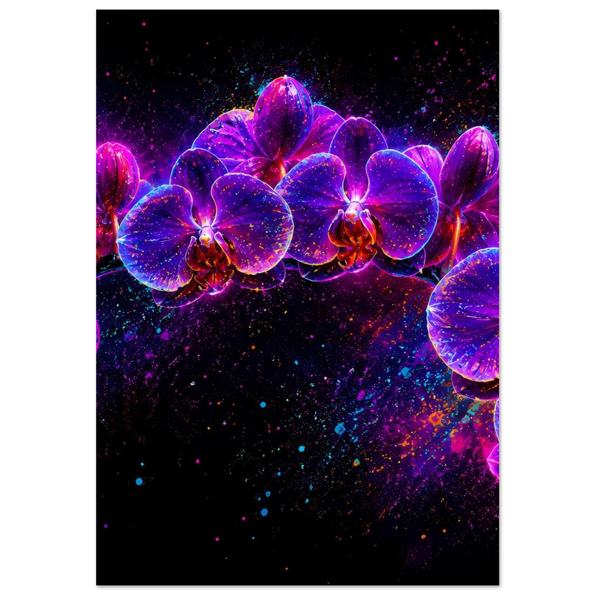 Neon-Orchideen-Poster mit leuchtender Violett-Pink-Blütenreihe auf dunklem Hintergrund