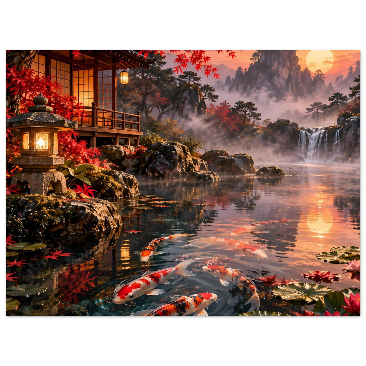 Horizontales Poster mit Koi-Fischen, Felsen und rotem Blätterdach über dem Wasser