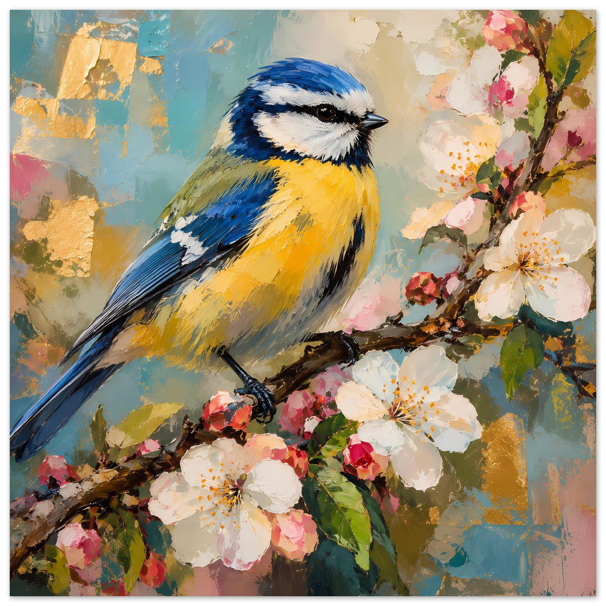 Vogelkunst-Poster: Vogel mit blauem Kopf und gelbem Bauch auf blühendem Ast