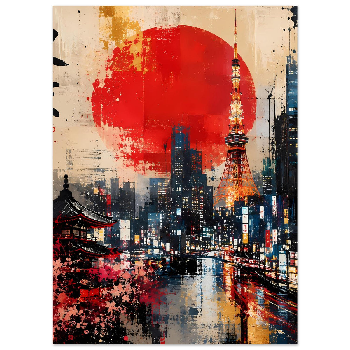 Abstraktes Poster mit Tokio-Skyline, roter Sonne und Tokio-Turm, vertikal