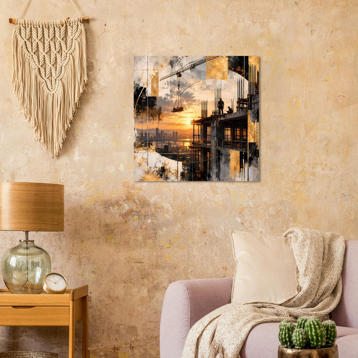 Abstraktes Poster mit Sonnenuntergang über Gebäuden, mit dunklen Baustellenformen