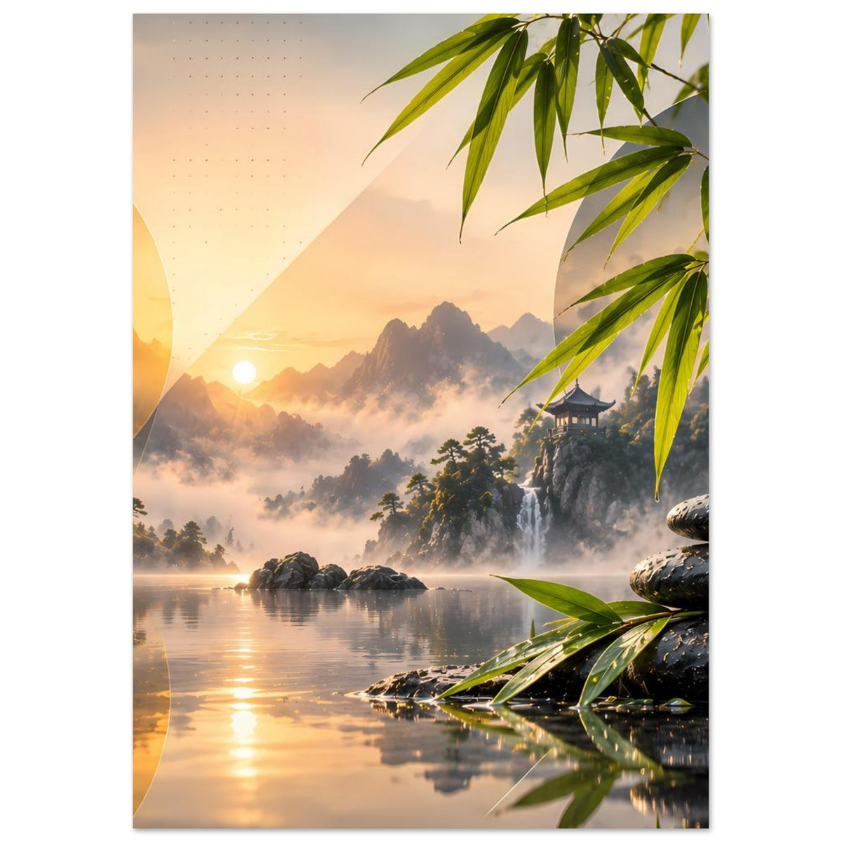 Zen-Poster mit Bergsee, warmem Sonnenaufgang, Bambuszweigen oben und gestapelten Steinen rechts