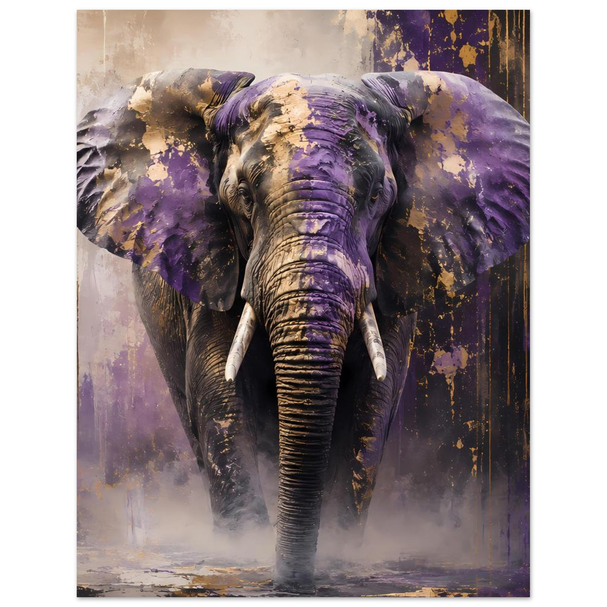 Tierposter Elefant in Violett und Gold, Vorderansicht mit Kopf und Rüssel im Zentrum