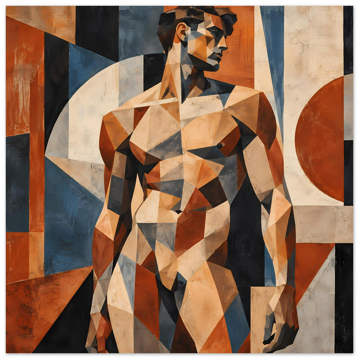 Kunstdruck: geometrische Aktfigur im Profil, Braun-, Beige- und Blautöne