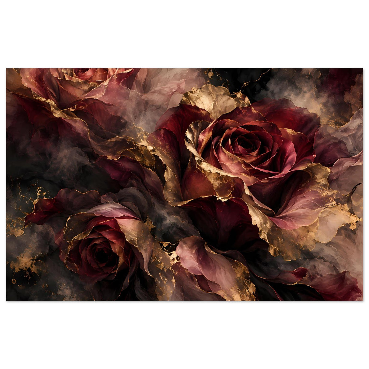 Breitformat-Poster: Rosen und Staubgold, dunkle Wolkenoptik mit floralen Details.
