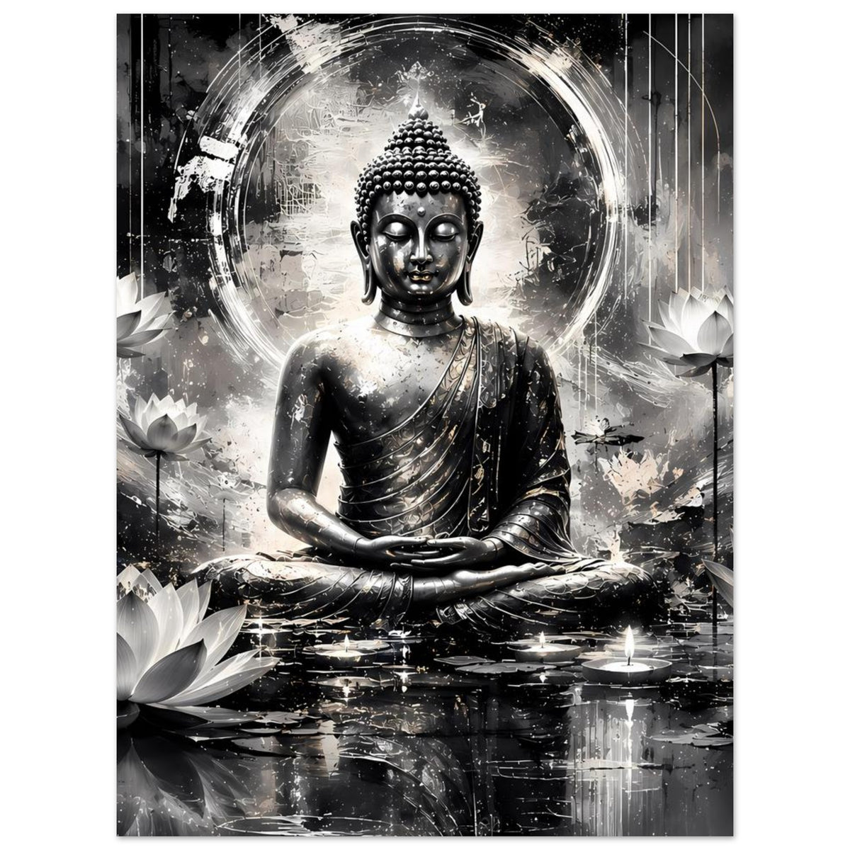 Poster mit sitzendem Buddha in Schwarzweiß, runder Lichtaura und Lotusblüten, vertikal