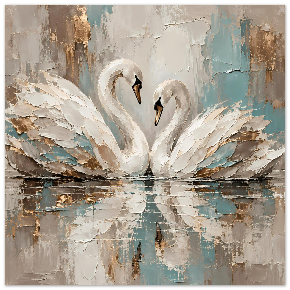Kunstposter mit zwei Schwänen in Weiß und Schwarz, Blautürkis und Goldlinien am Wasser