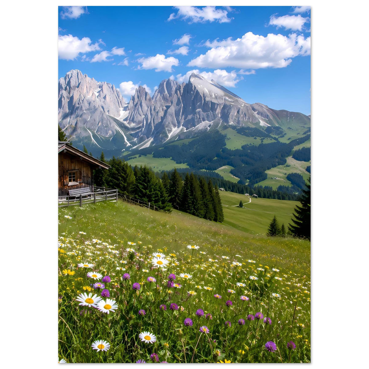 Vertikales Poster mit Alpenbergen, grünen Hängen, Holzhütte und Wildblumen