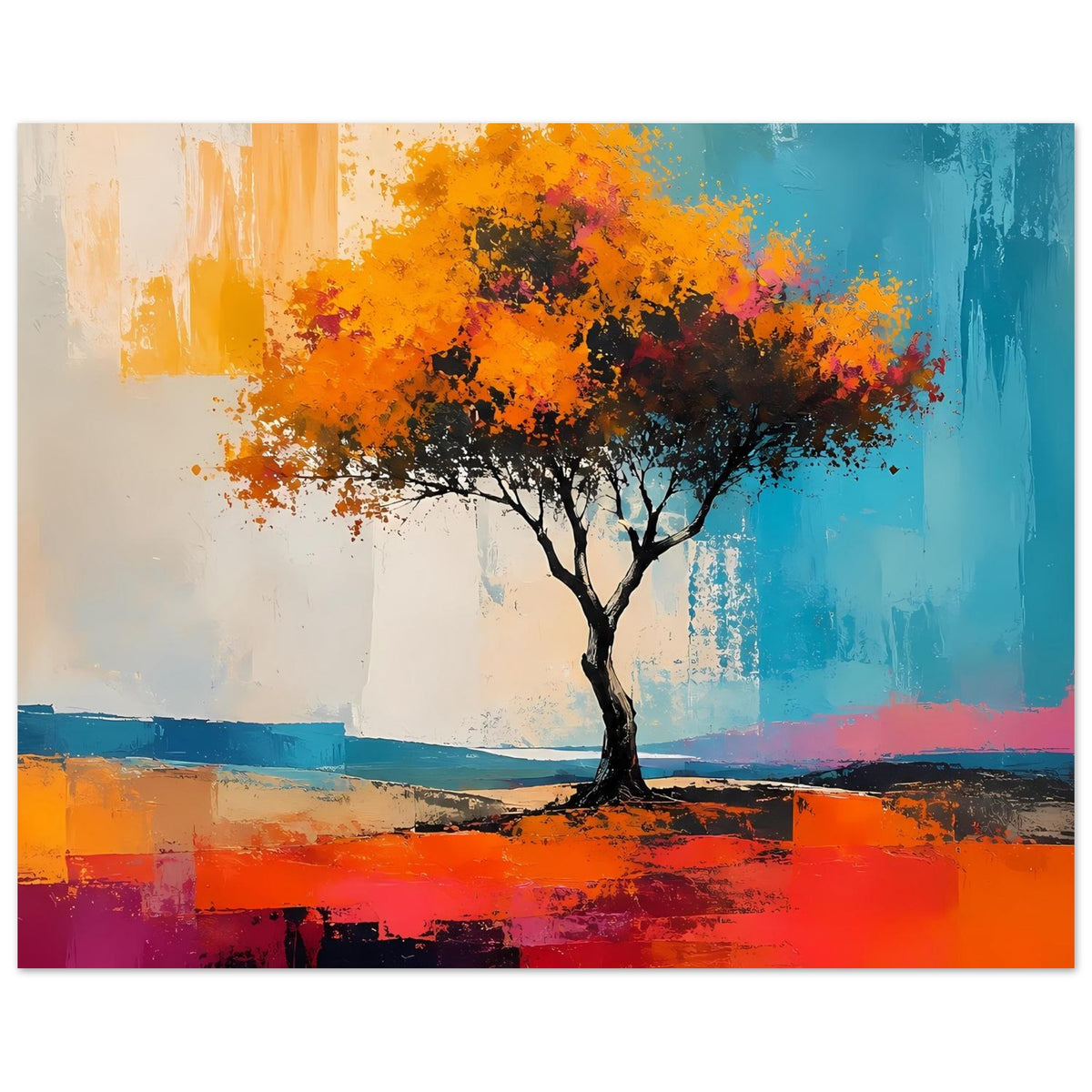 Abstraktes Poster mit Baum und orangefarbenem Boden, türkisblauer Himmel, kräftige Farbflächen