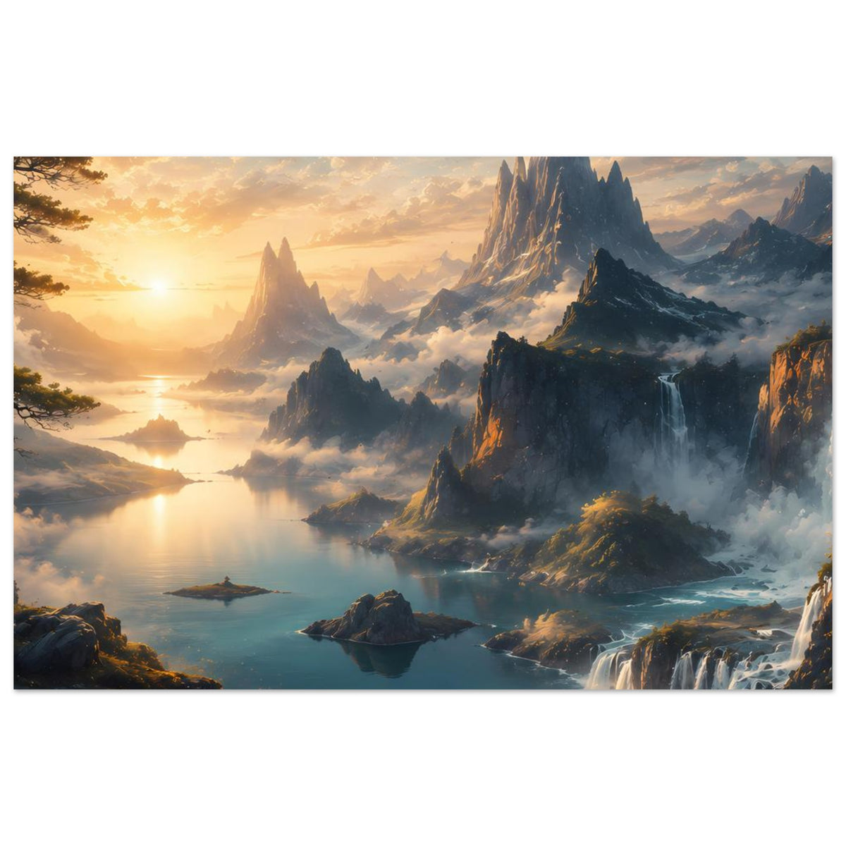Horizontales Poster mit Bergsee, Wasserfall und Felsen bei warmem Sonnenaufgang