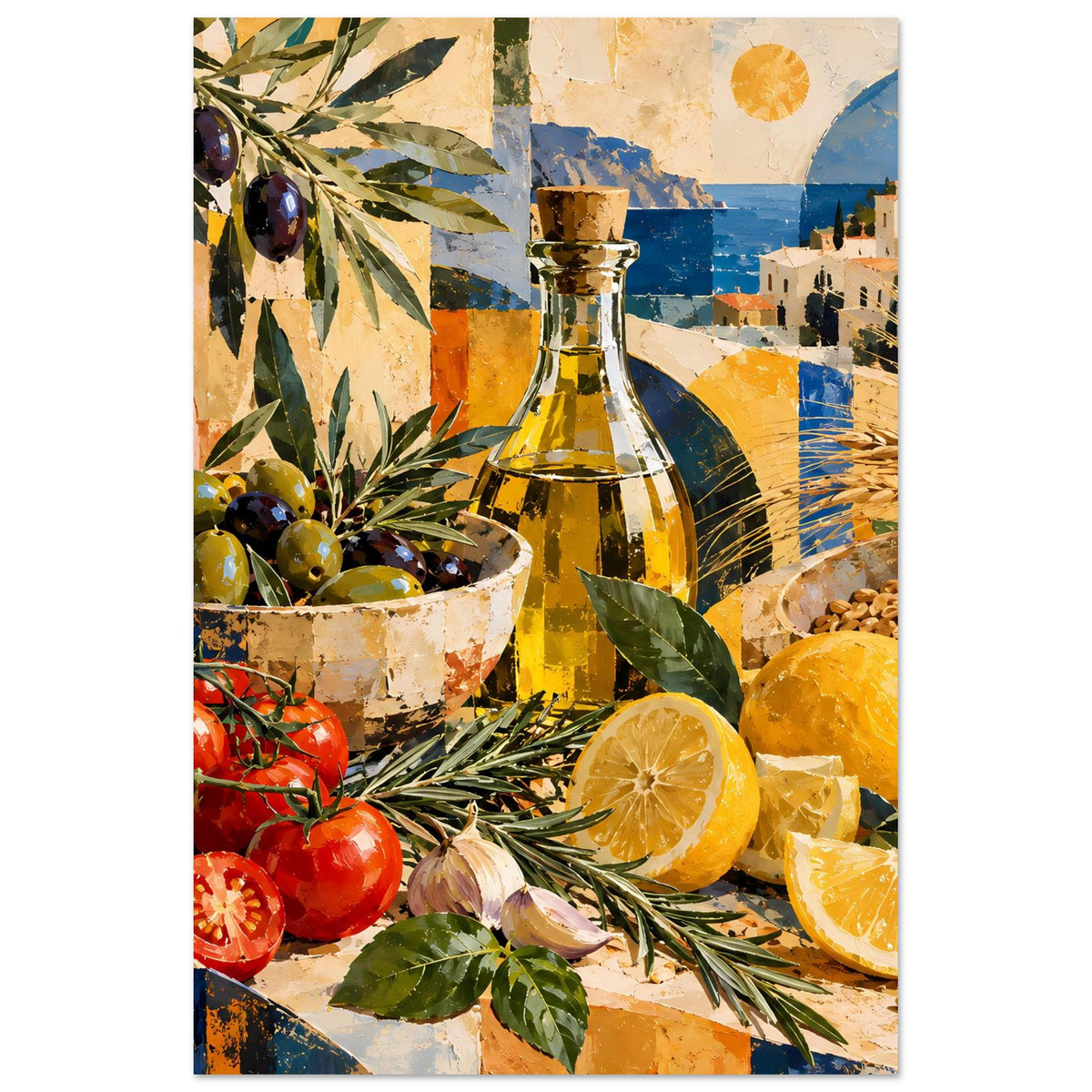 Poster mit Flasche, Oliven und Tomaten sowie Zitronen und Kräutern im Stillleben