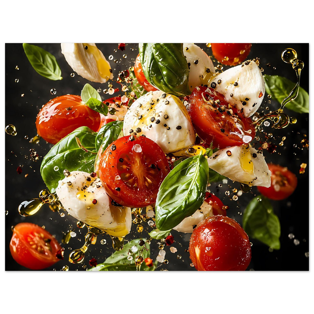 Kunstposter im Querformat mit Caprese-Motiv: Mozzarella, Tomaten, Basilikum und goldene Spritzer