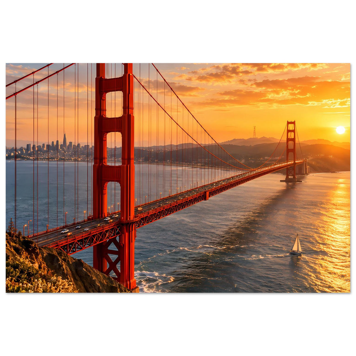 Horizontales Poster mit roter Hängebrücke (Golden Gate) und goldenem Sonnenuntergang