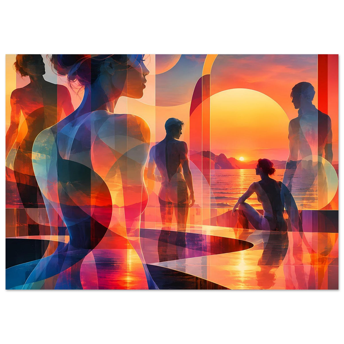 Breitformatiges Kunstposter mit orangener Sonne am Meer und blauen, transparenten Silhouetten