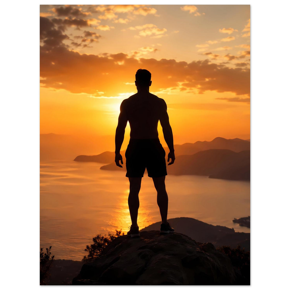 Sonnenuntergangs-Silhouettenposter mit Mannsilhouette auf Gipfel, Blickrichtung nach vorn